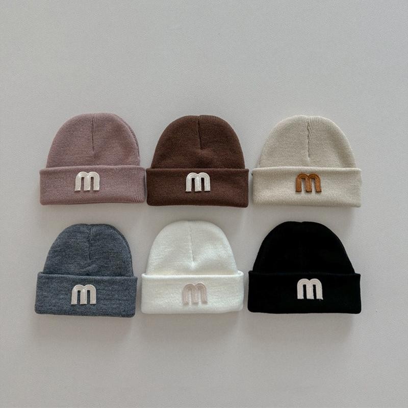 จดหมายสีทึบเด็กหมวกหมวกฤดูใบไม้ร่วงฤดูหนาวที่อบอุ่นเด็กทารกสาวถักหมวก กันลม เด็กวัยหัดเดินป้องกันหูหมวก