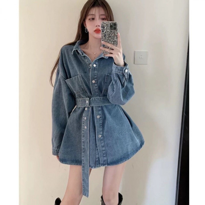 New High Sense Denim Dress Women's Waist Slimming Midi Dress Casual Denim Coat