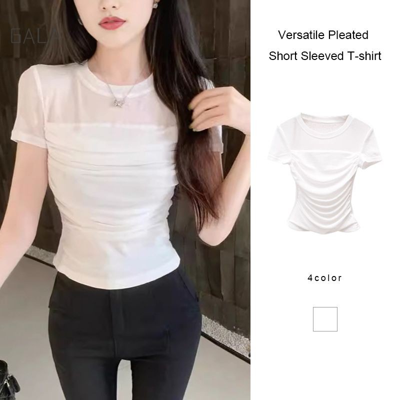 เสื้อยืดแขนสั้นอัดพลีทอเนกประสงค์ Niche Hot Girl เสื้อยืดฤดูร้อนสั้นสลิมฟิตติ้งท็อป GA