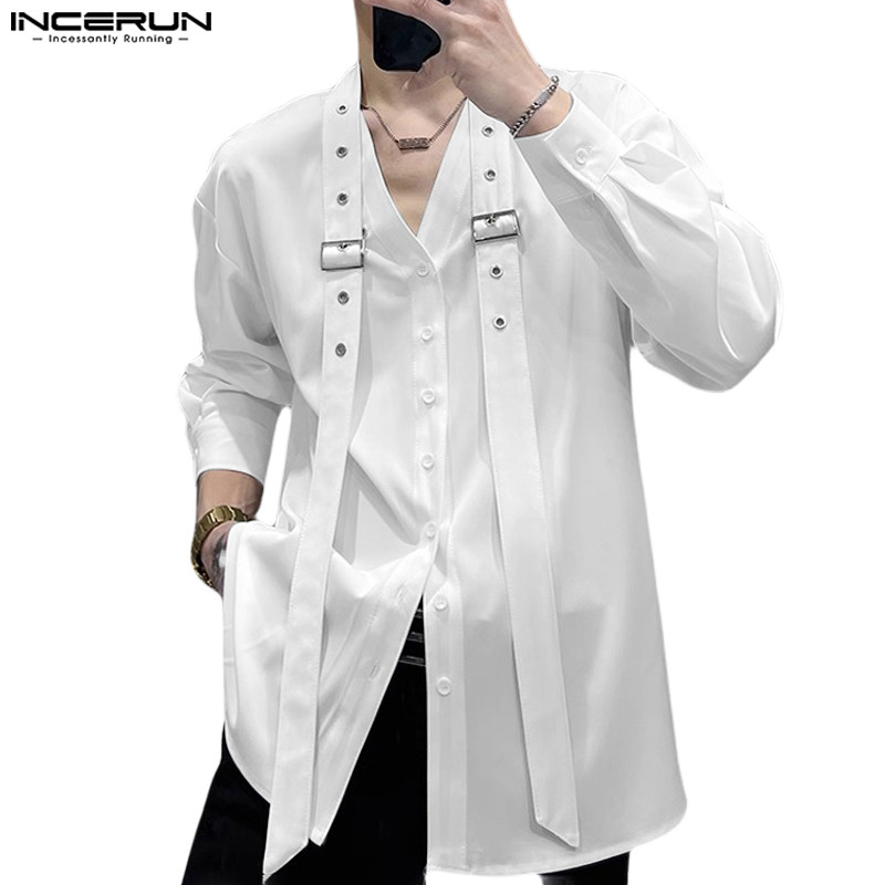 ไม่แน่นอน ผู้ชายเกาหลีลําลองริบบิ้นออกแบบแขนยาวเสื้อสีทึบ