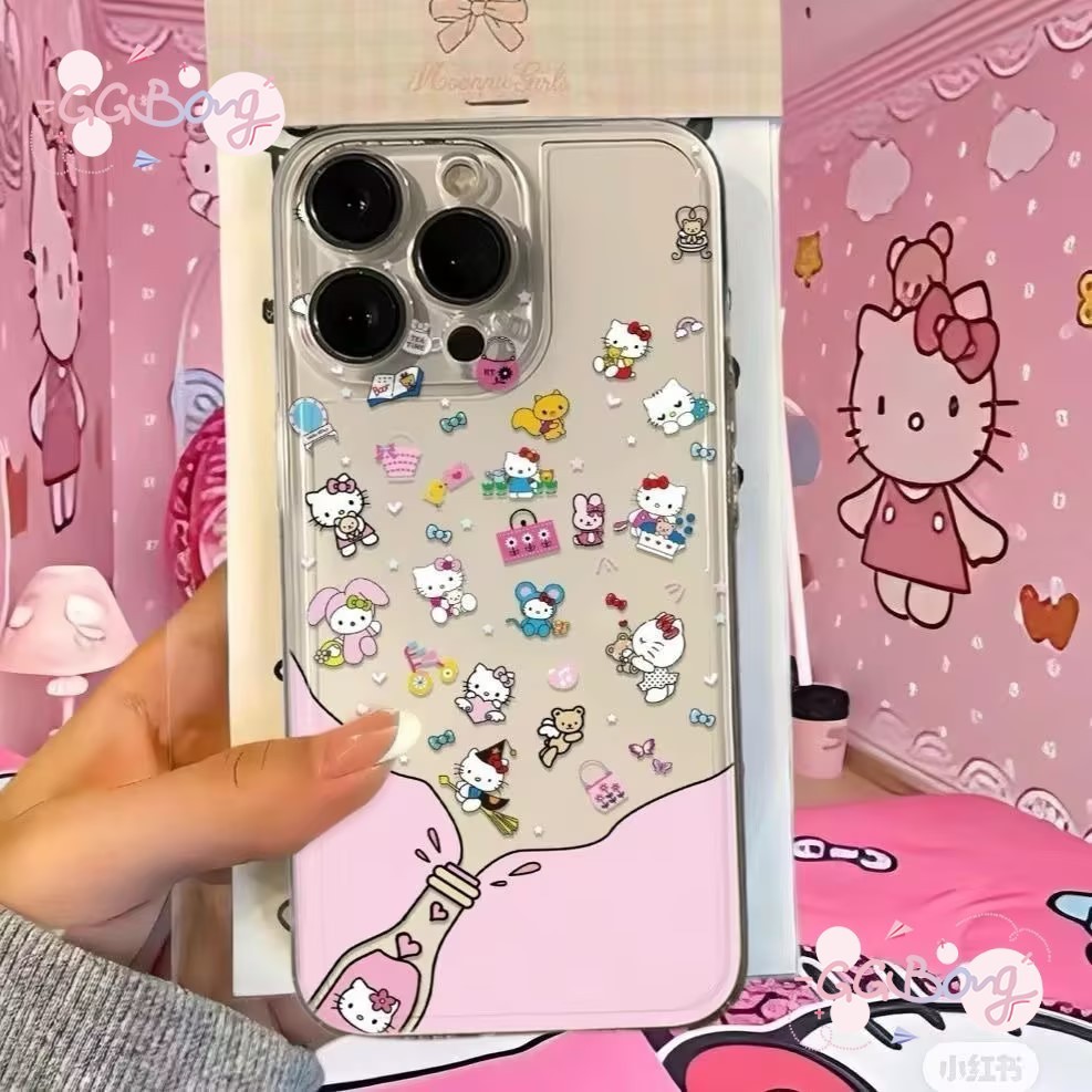 ขวดดริฟท์ลายการ์ตูนใหม่ คิตตี้ คุโรมิ ฝาใส เคสไอโฟน11 13 15 XR Pro Max 11 14 12 Pro Max 7 6 8 6s Plus XS Max X SE เคส
