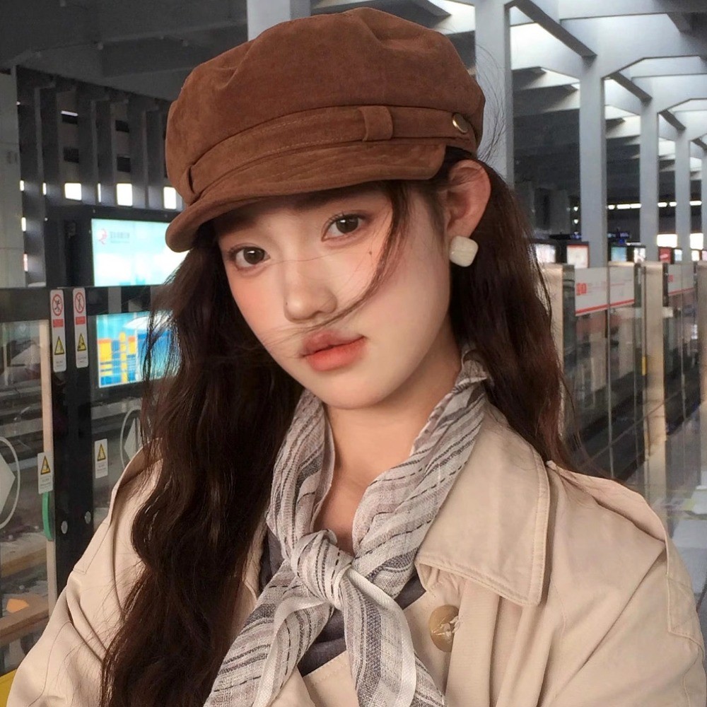 หนังนิ่มสีน้ําตาลแบนด้านบนหมวกเบเร่ต์ผู้หญิงฤดูใบไม้ร่วงฤดูหนาววินเทจอังกฤษแปดเหลี่ยมหมวก