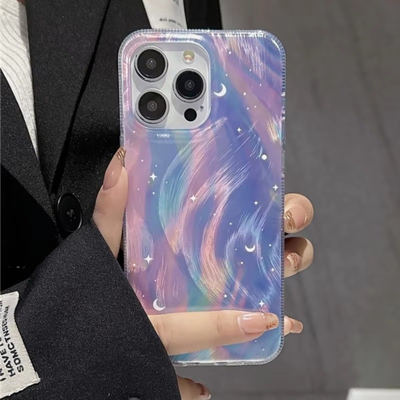 หรูหรา IMD Feather เส้นด้ายเลเซอร์เคสโทรศัพท์สําหรับ iPhone 16 15 14 13 12 11 Pro Max XR X XS Max 7 8 Plus SE2 แฟชั่น Glitter Starry Sky Gradient Star กันกระแทกปกหลัง