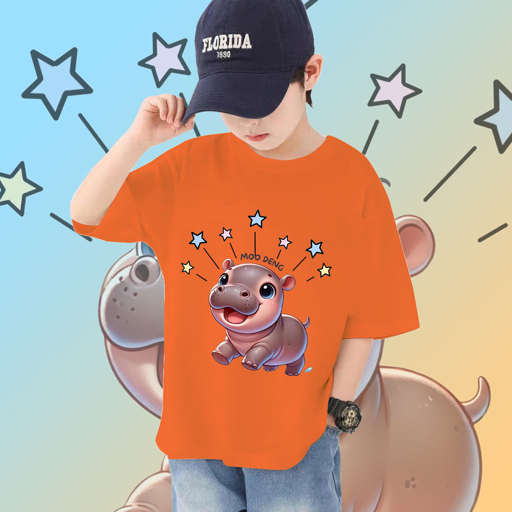[so cute]เสื้อยืดฮาโลวีน👻 Moo Deng Thai หมูเด้ง เด็กฮิปโปน่ารักพิมพ์เสื้อยืด 100-150cm