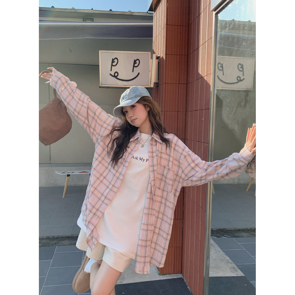 ใหม่ผู้หญิงเกาหลีรุ่นคอปกโปโลลายสก๊อตหลวมแขนยาวเสื้อ 241018