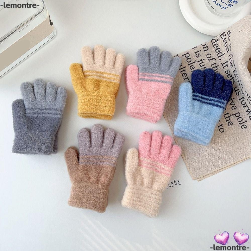 ถุงมือเด็ก LEMONTRE, ถุงมือกันความร้อนถักกีฬากลางแจ้งกันลม, ฤดูหนาว Warm Contrast Stripes หนา Full Finger Mittens