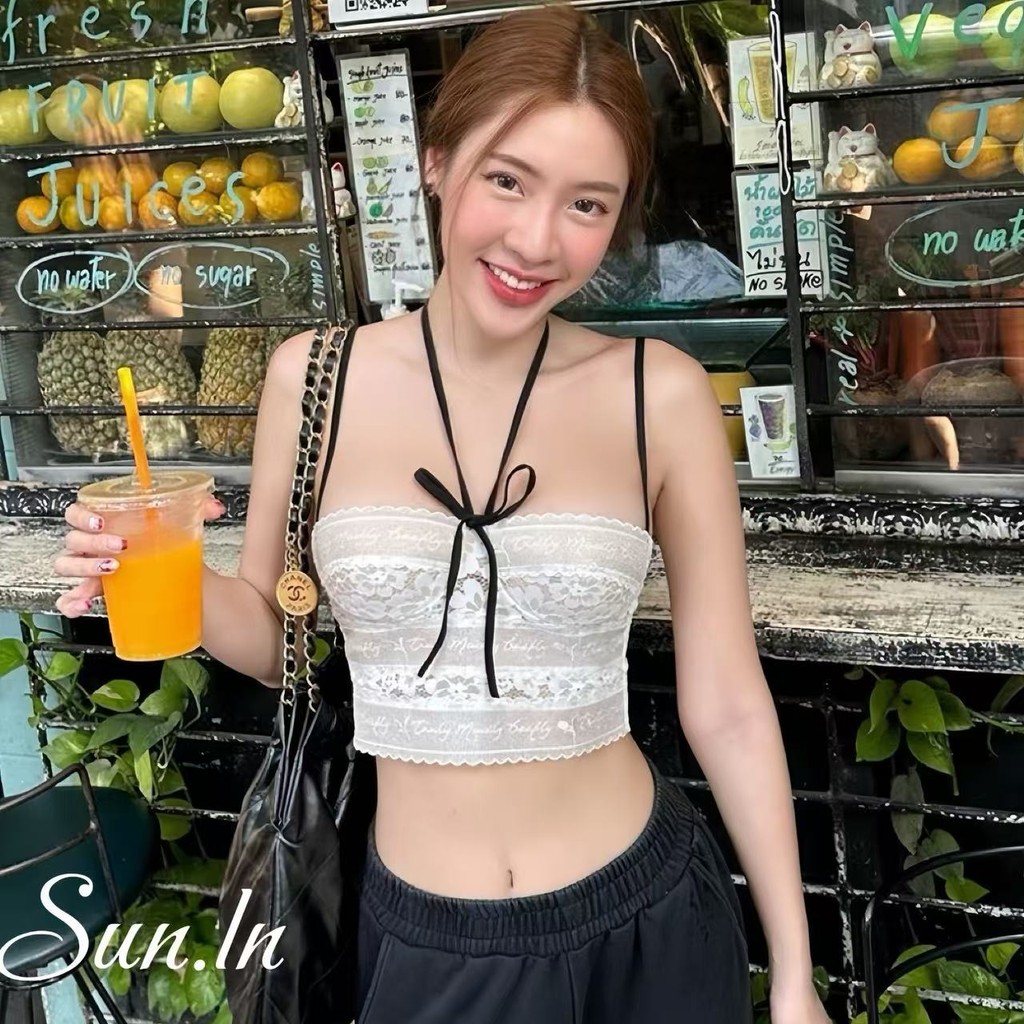 SUN พร้อมส่ง สไตล์สาวหวาน เสื้อคล้องคอ เกาะอก เสื้อท่อนบนทรงเข้ารูปตัวสั้น ชุดไปทะเล สไตล์เวียดนาม สำหรับผู้หญิง