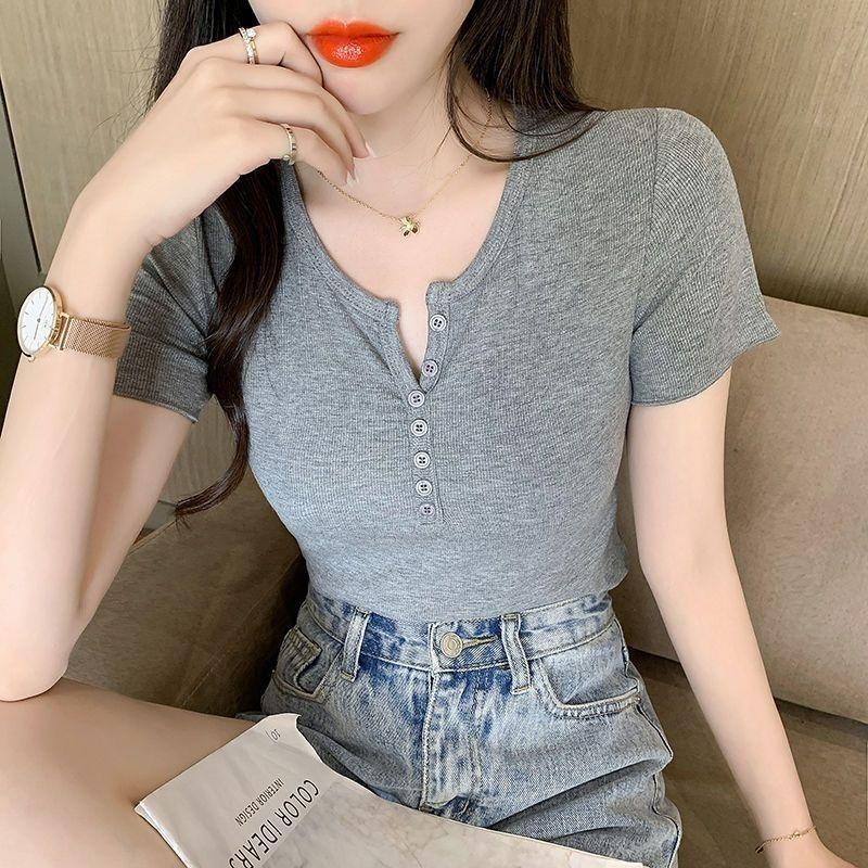เสื้อยืดแขนสั้นผู้หญิง สินค้ายุโรป ดีไซน์สวย Stringy Selvedge ฤดูร้อนใหม่ เอวสูง ยืด ชั้นฐาน เสื้ออินเทรนด์