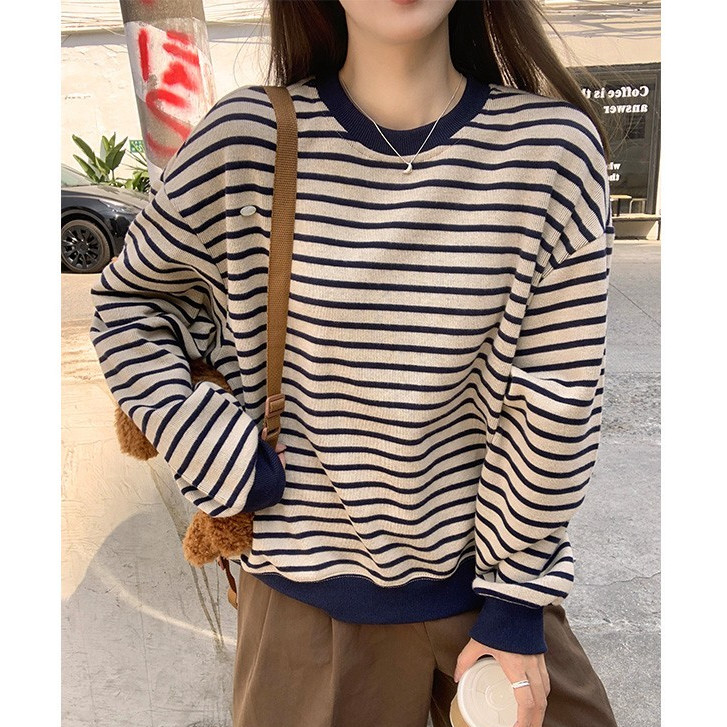 80137 Contrast Color Round Neck Striped Loose Long-Sleeved Sweat