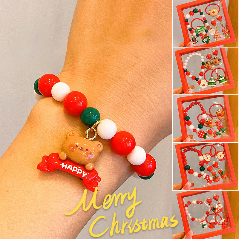 สีแดงซานตาคลอสกวางสร้อยข้อมือต่างหูเชือกของเธอสําหรับเด็กเสน่ห์เครื่องประดับคริสต์มาสชุดของขวัญสําหรับเด็กผู้หญิง