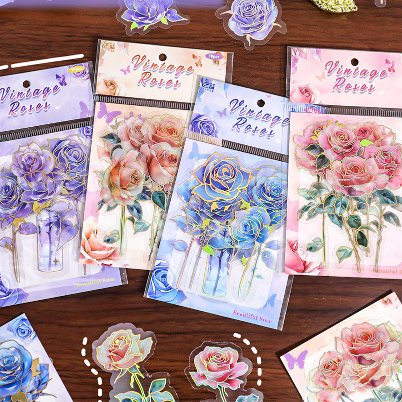Journamm 10 PCS Vintage Rose สติกเกอร์ PET สมุดภาพสติกเกอร์สร้างสรรค์กาว Diy สติกเกอร์ Hand Made ตกแต่ง Junk Journal อุปกรณ์