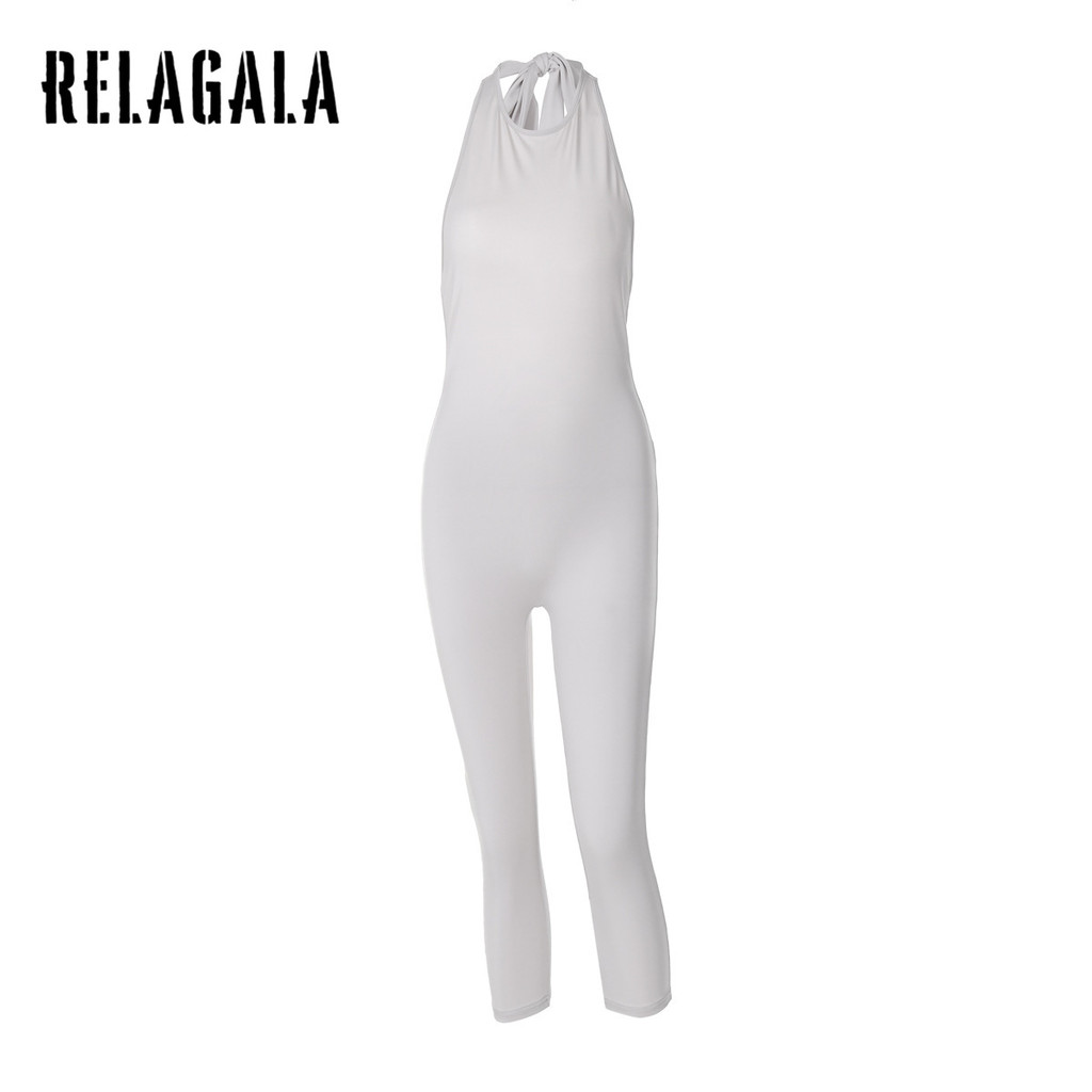 Relagala ผู้หญิง 2024 เซ็กซี่เอวสูง Strap-Up Slim-Fit สีทึบแขนกุด Jumpsuit