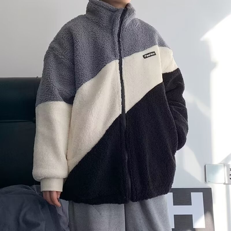 Esea Winter Coat Stand Collar Color Matching Lamb Wool ขนแกะเรียงรายหนาหลวมใหม่