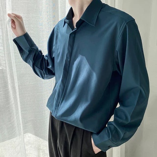 เสื้อเชิ้ตแขนยาวสีพื้น คอปก เสื้อเชิ้ตใส่ทำงานชาย สไตล์ลำลอง กระดุมแถว แฟชั่นเกาหลี ไซส์ S-3XL