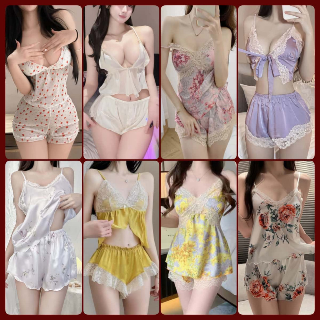 Lady🤍🩶ชุดนอน 2 ชิ้น ชุดนอนซาติน เซตชุดนอน สายเดี่ยว คอวี ขอบลูกไม้ ลายการ์ตูน หลากหลายสไตล์ ราคาถูก ส่งไวจากไทย