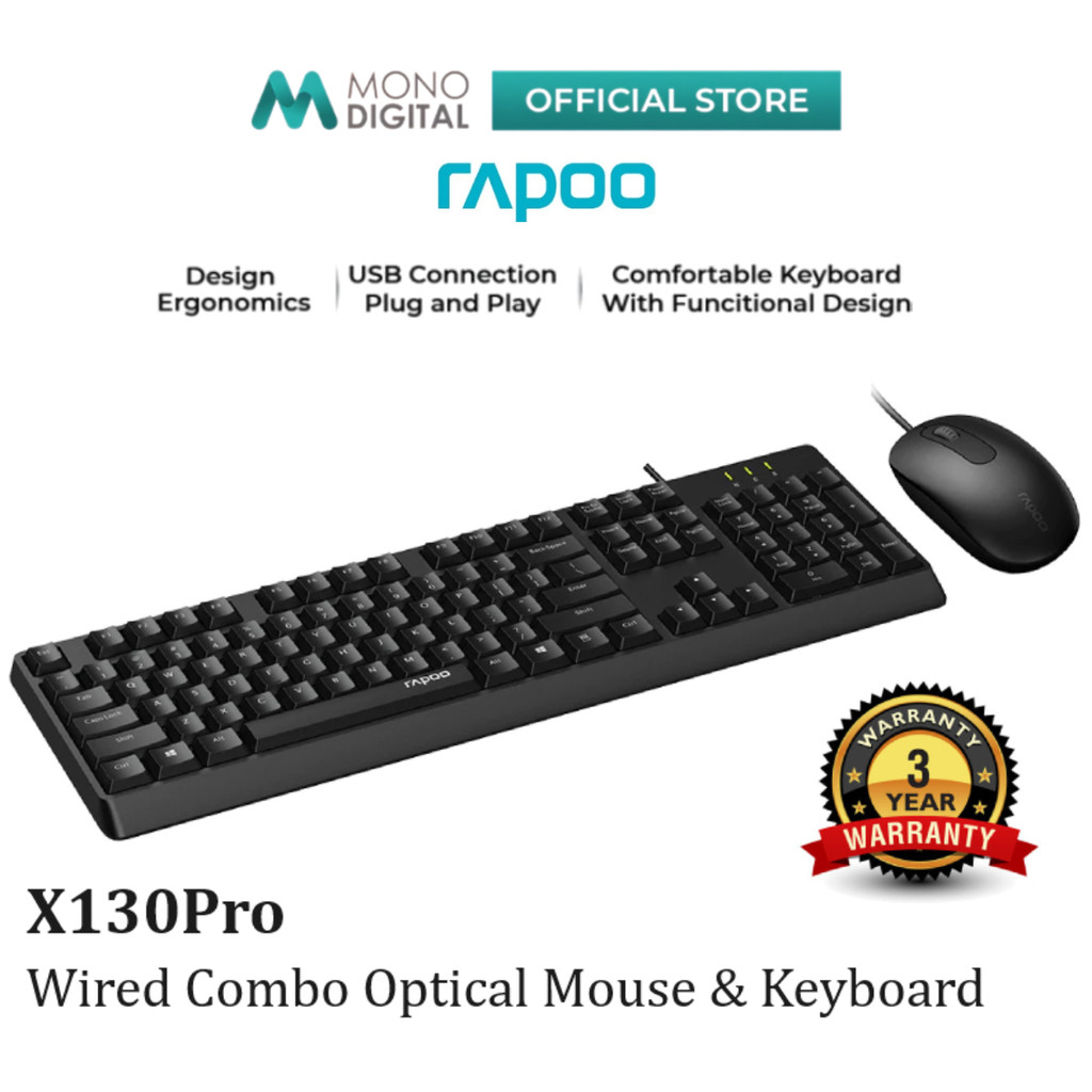RAPOO X130PRO USB WIRED COMBO OPTICAL KEYBOARD + เมาส์พร้อม 104KEYS / 1600DPI / MOUSE 3 ปุ่ม / OPTIC