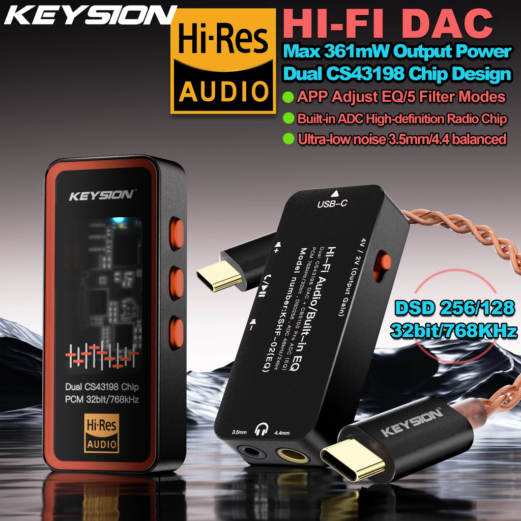 KEYSION Dual CS43198 DAC ถอดรหัสเสียง 768kHz DSD256 USB Type-C ถึง 3.5/4.4 มม. Lossless HiFi เครื่อง