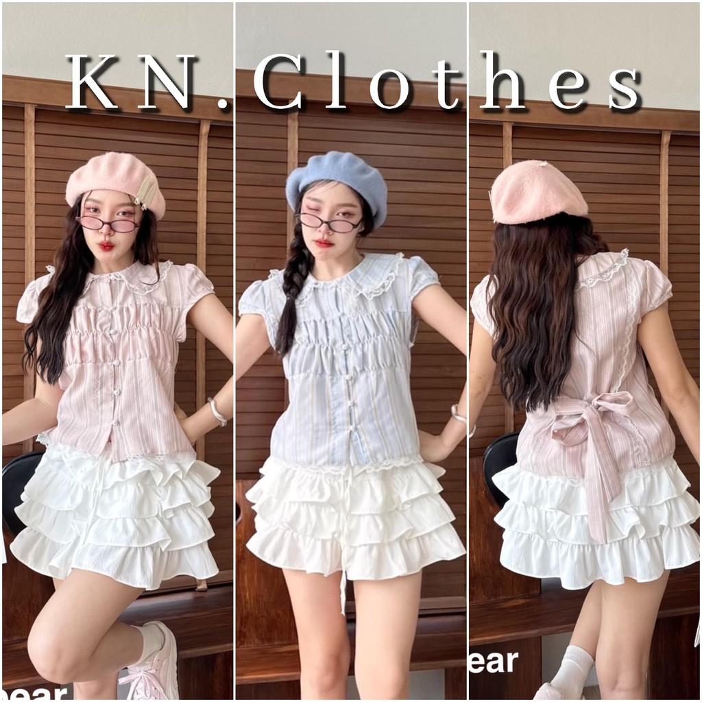 KN.Clothes เสื้อคอบัวแต่งลูกไม้ แขนกลีบบัว สม็อคหน้าอก รูปที่ 4
