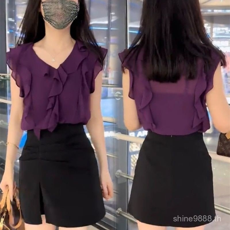 เสื้อชีฟองคอวีแขนระบาย B3N7