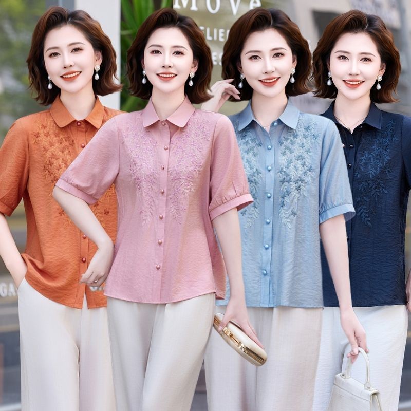 High-Endแม่สวมใส่แฟชั่นปักLapelเสื้อแขนสั้นหลวมขนาดใหญ่แฟชั่นเสื้อสเวตเตอร์ถักผู้หญิงร้อน150710