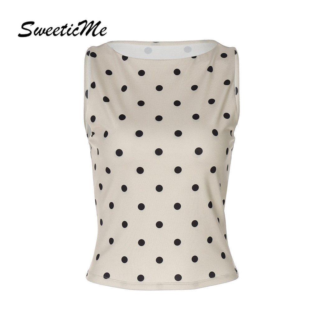 SweeticMe เสื้อชั้นในสตรีผู้หญิง 2025 เสื้อกล้ามสตรีทคอกลมพิมพ์ลายลายจุดแฟชั่นใหม่