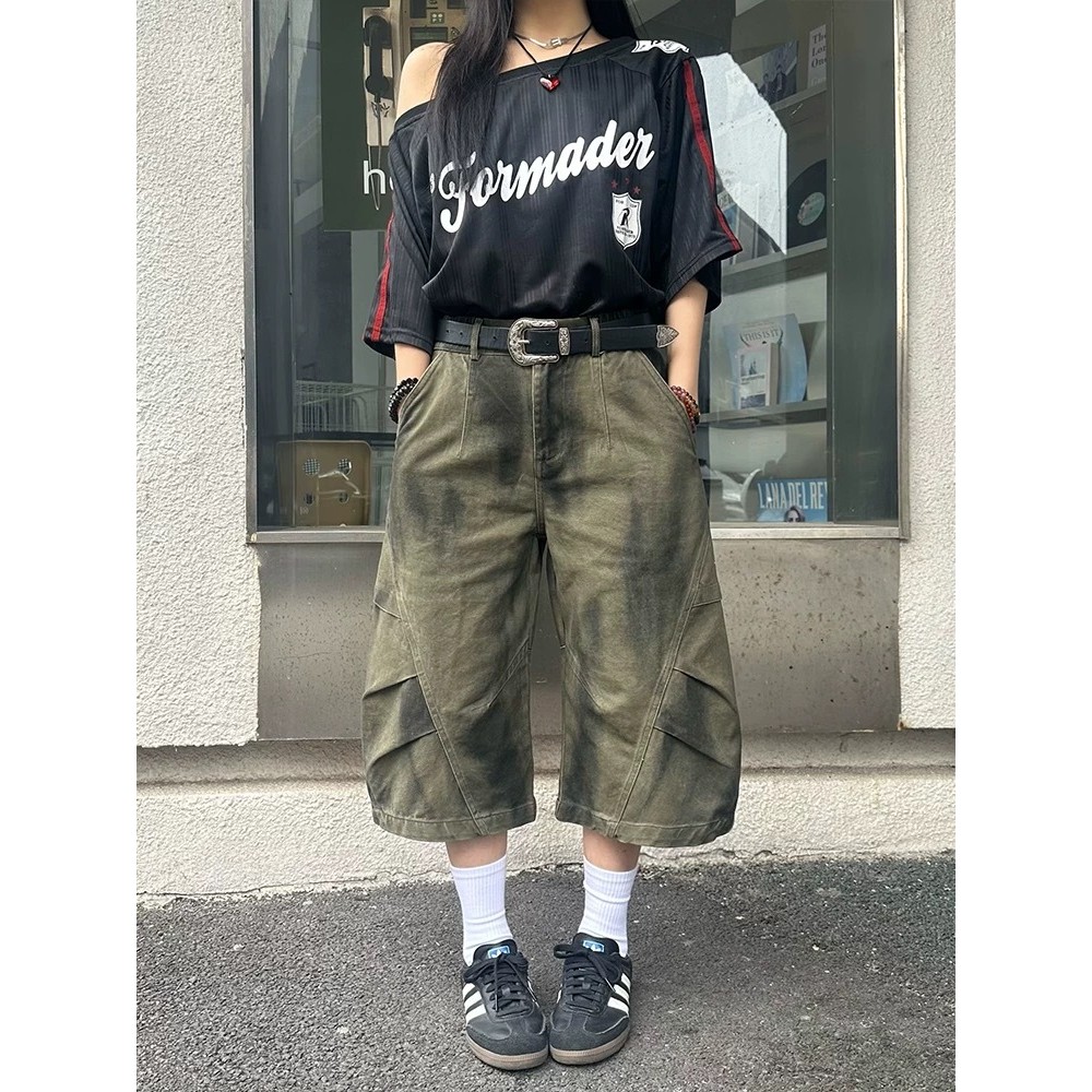 Cropped Pure Cotton Wash Water Distressed Dirty Dyed Pants