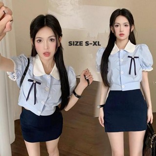 Mimi&didi#เสื้อเชิ้ตครอปสีฟ้า ขนาดใหญ่โบว์อุปกรณ์เสริมตุ๊กตา…