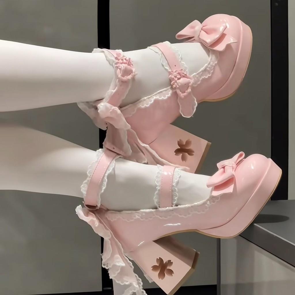 รองเท้าสไตล์การ์ตูน โบว์หวาน ส้นดอกซากุระบอกความเป็นlolita