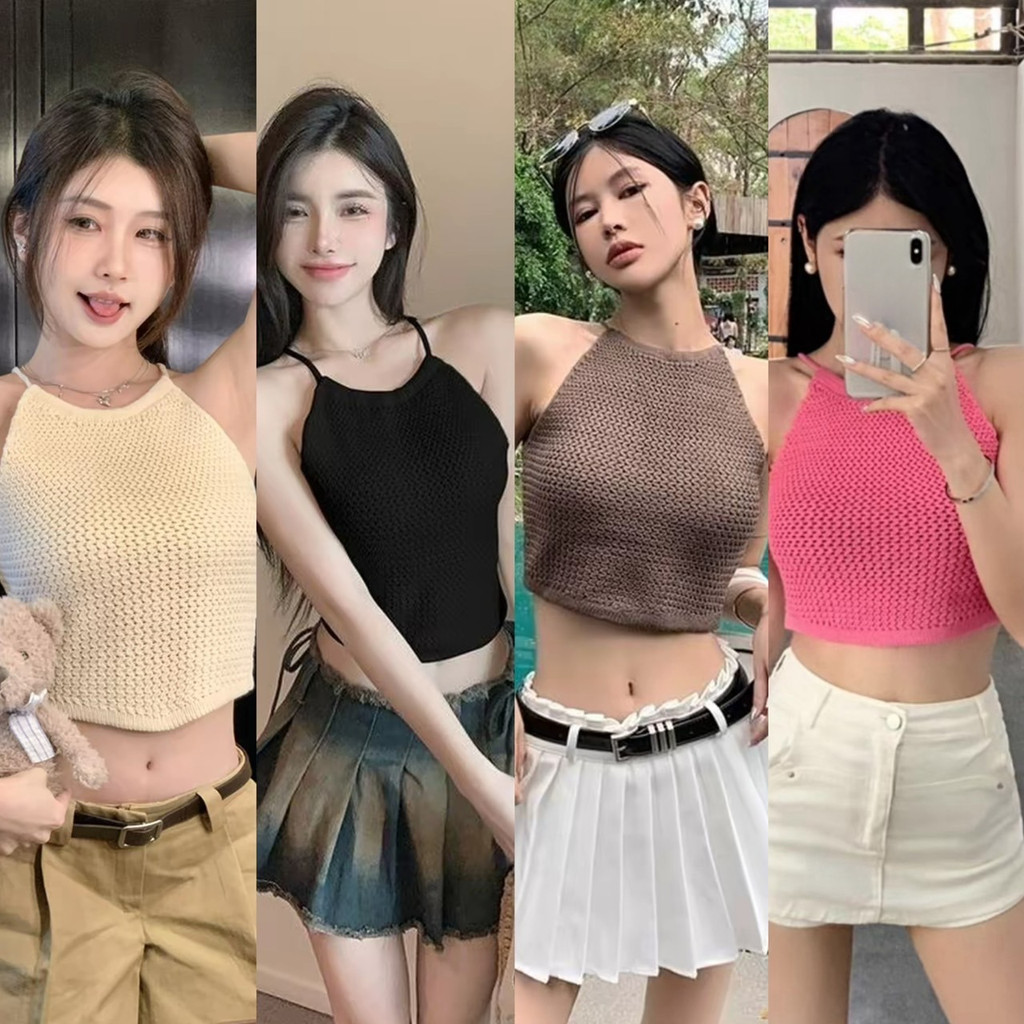 🍄MKL🍄 เสื้อไหมพรม สายเดี่ยว เซ็กซี่น่ารักเบาๆ สีพื้น สไตล์เกาหลีเกาใจ มี8สีให้เลือก#V36