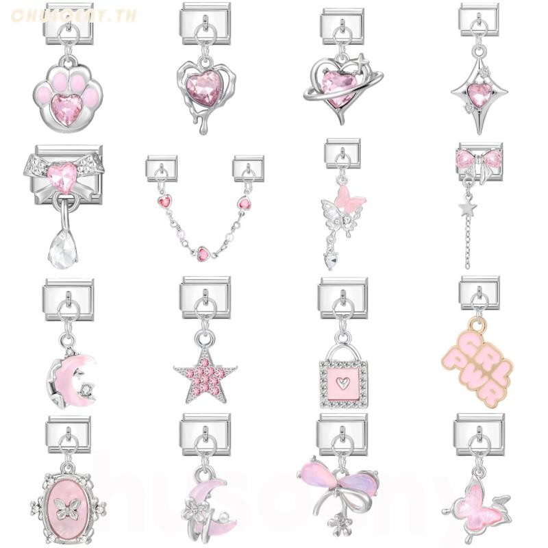 🎀100+ แบบ ฐานเงินชุดสีชมพูเสน่ห์อิตาลีลิงค์พอดี9มิลลิเมตรสร้อยข้อมือทําทําเองรักผีเสื้อดอกไม้เสน่ห์สร้อยข้อมือลิงค์อุปกรณ์ย้อนยุคโมดูลสร้อยข้อ