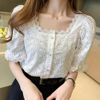 Floerns เสื้อคอตตอนแขนพอง เสื้อผ้าฉลุลายดอกไม้โทน ผ้าปักฉลุอย่างดี