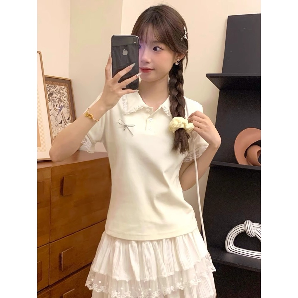 40 ชิ้นผ้าฝ้ายเทียมเกลียวโบว์แขนสั้นเสื้อยืดผู้หญิง 2025 ฤดูร้อนลูกไม้เย็บ Slim-Fit สั้นผู้หญิง Jiah