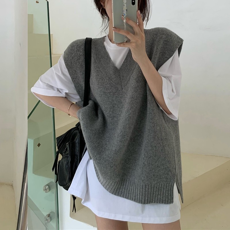 ฤดูร้อนใหม่ผู้หญิงที่เรียบง่ายสบายๆย้อนยุคคอวีเสื้อกั๊ก 250723