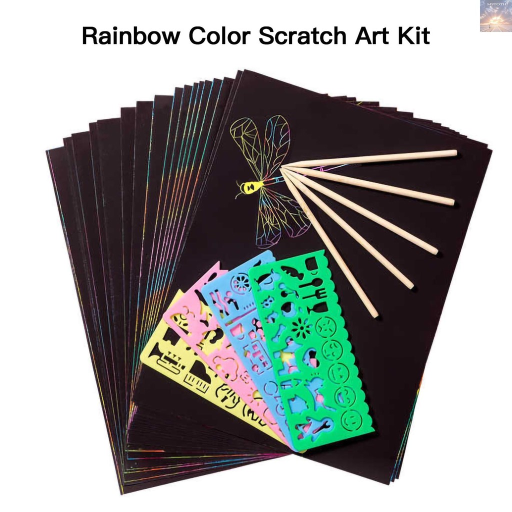 [โปรโมชั่น] Scratch Paper Art Set Rainbow Magic Scratch Paper 50 ชิ้นสําหรับเด็กสีดํา Scratch it Off