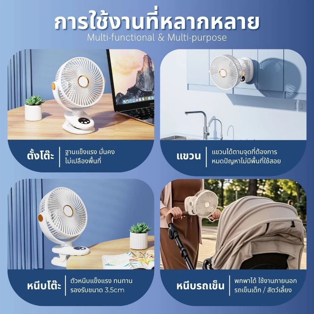 Fashion พัดลมพกพา รุ่น M9 หน้ากว้าง 8นิ้ว หมุนส่ายอัตโนมัติ คลิปหนีบ 5ระดับ 6000mAh โคมไฟในตัว พัดลมไร้สาย portable fan thumbnail 5