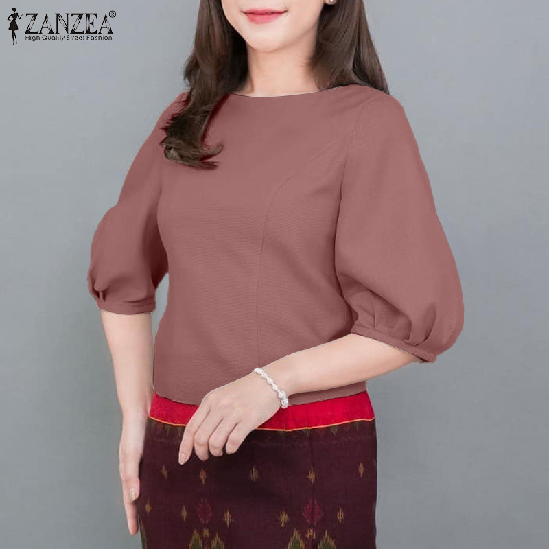 ZANZEA เบลาส์สำหรับผู้หญิง สไตล์เกาหลี แขน3/4 คอกลม สีพื้น — صورة 4
