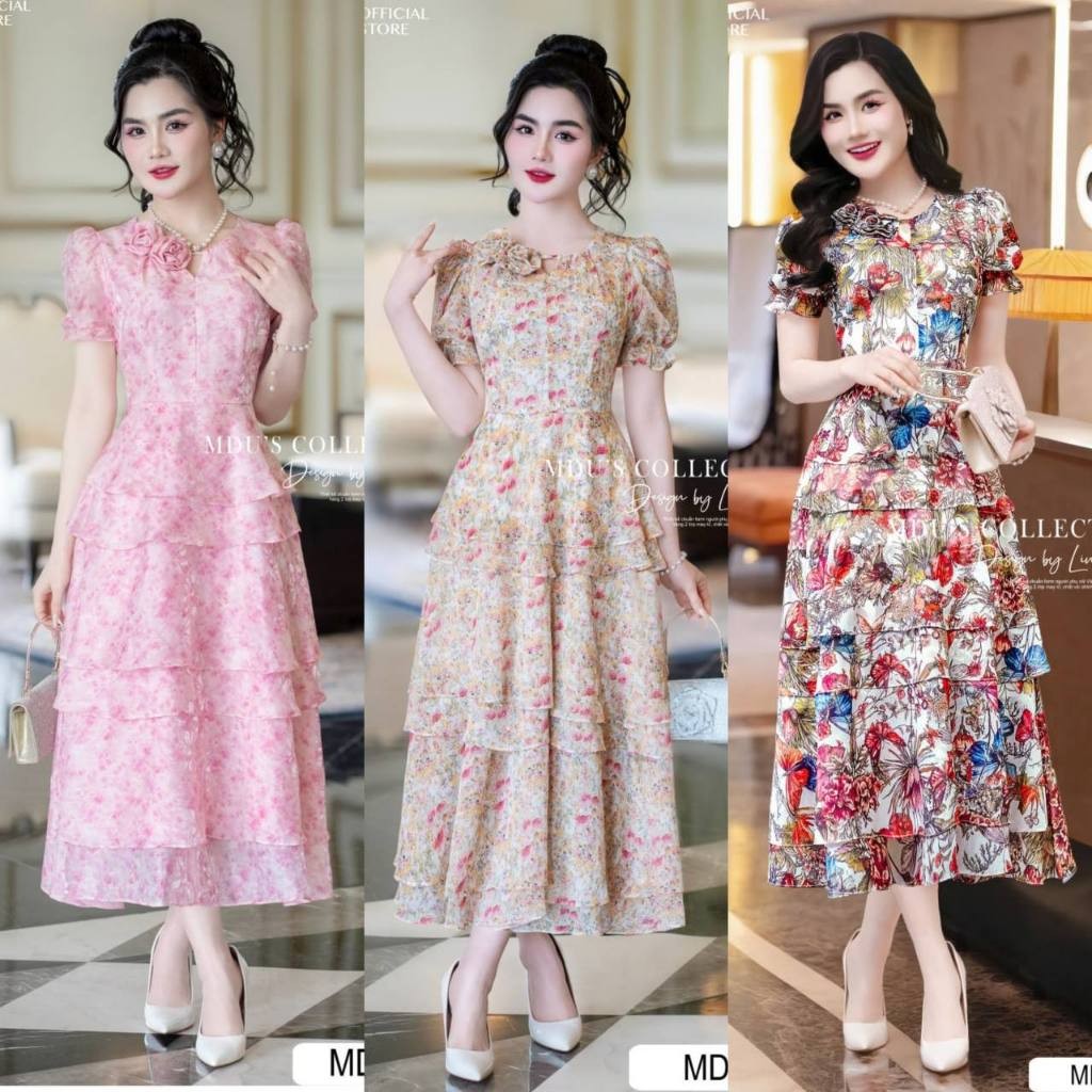 Lady Dress Collection MDU4737 ดีไซน์แขนพัฟผสมผสานกับรายละเอียดดอกไม้ทํามือที่คอจาก MDU