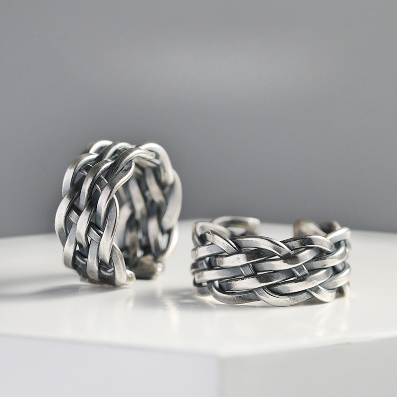 วินเทจโบราณแหวนเปิดเงินสําหรับผู้ชายสร้างสรรค์ถักแหวนเดี่ยวเรียบง่ายสไตล์เครื่องประดับ