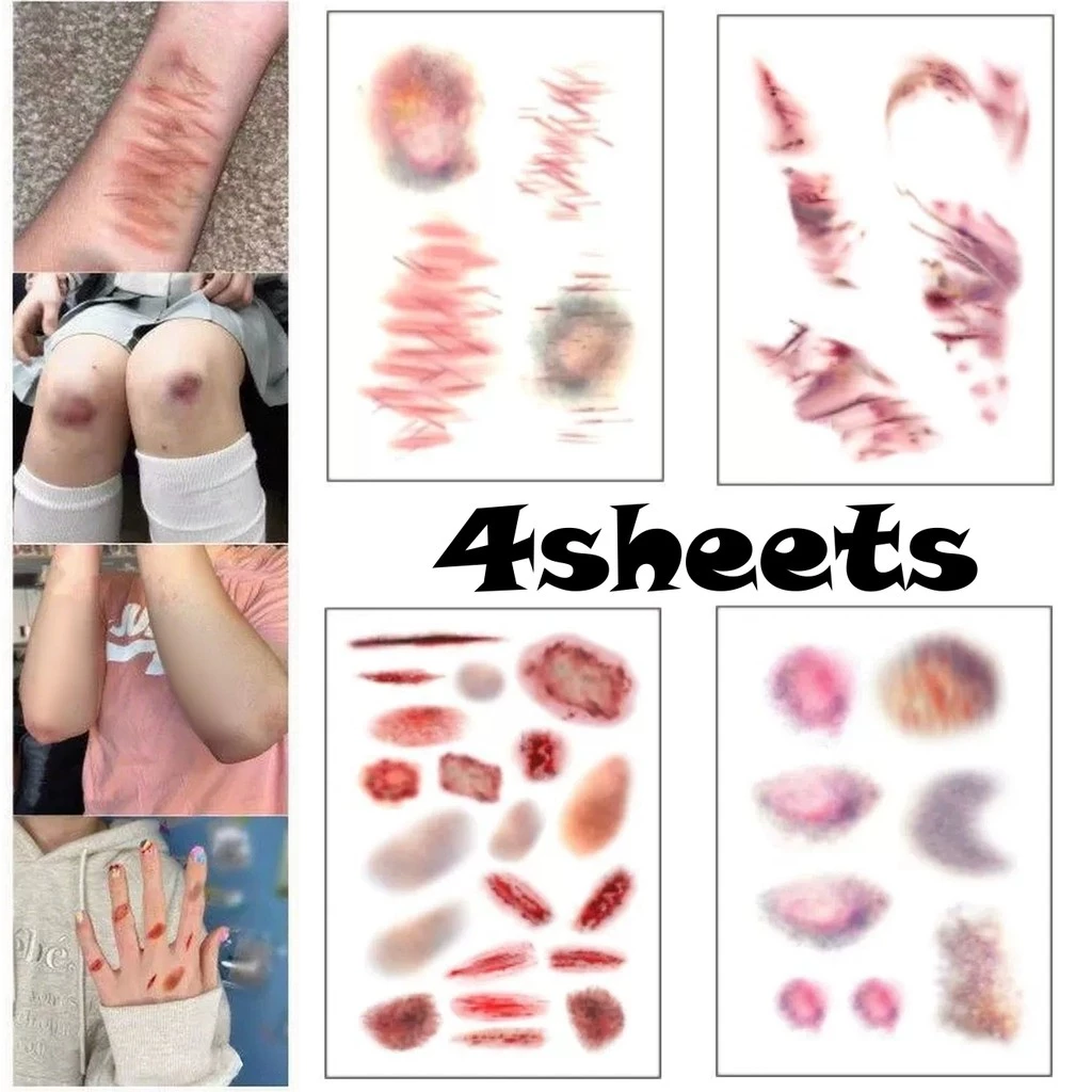 ชุดสติกเกอร์ฮาโลวีน 4 ชิ้น/เซ็ต ลายบาดแผลและรอยสัก ทนน้ำได้ สำหรับคอสเพลย์และการตกแต่งปาร์ตี้