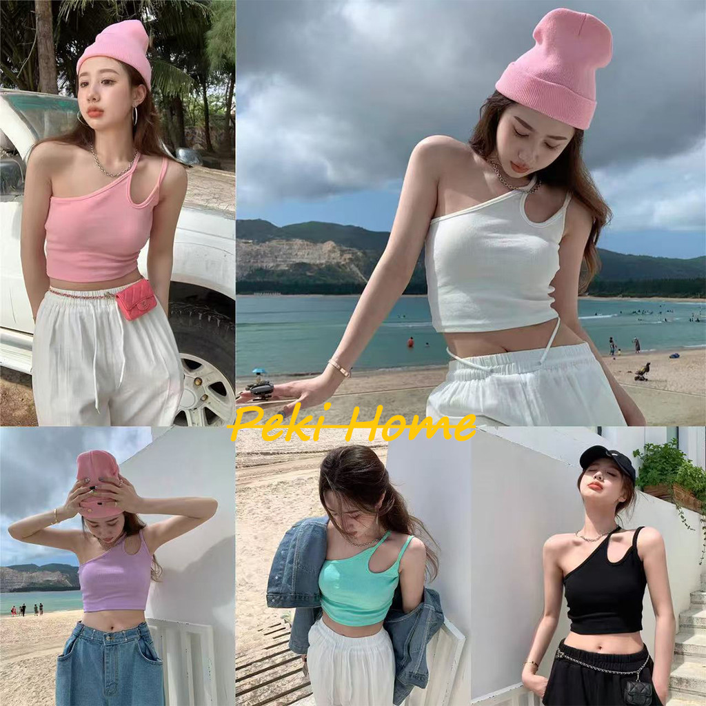เสื้อครอปสายเดี่ยวปาดไหล่ งานน่ารักสดใส เสื้อสายเดี่ยว เสื้อเอวลอยปาดไหล่ เซ็กซี่ แฟชั่นไม่เอ้าท์
