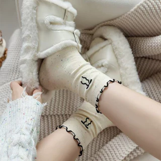 Girlybra ถุงเท้า ข้อกลาง ลายโบว์ มินิมอล เรียบง่าย ลายขอบหยัก น่ารักมาก ใส่แล้วดูดี กันลื่น ซักง่าย ถุงเท้าผู้หญิง