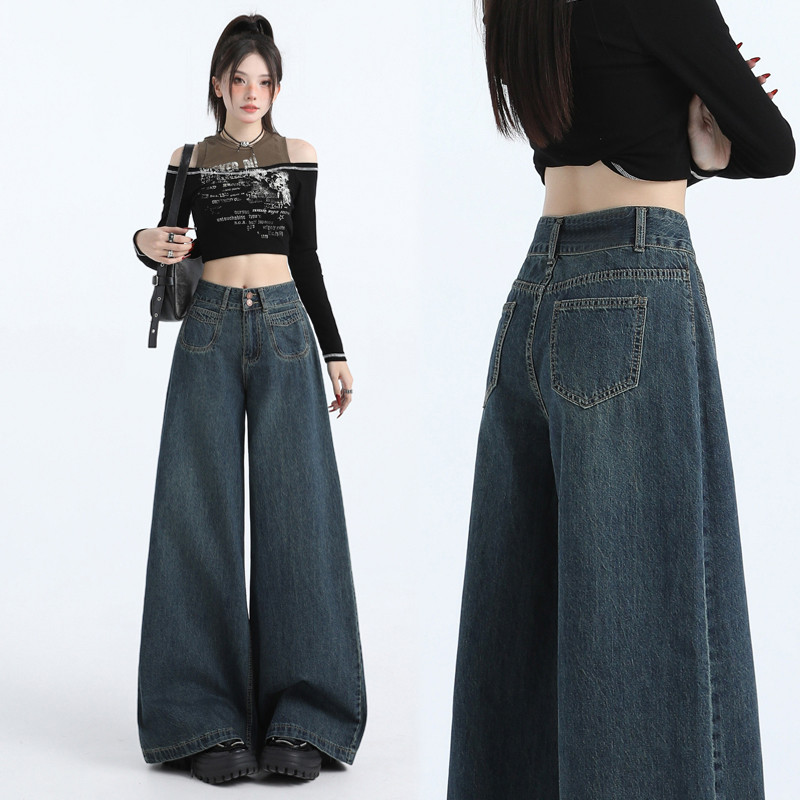 Bived S-2XL กางเกงยีนส์ผู้หญิง กางเกงยีนส์ขายาว เอวสูง ทรงตรง ทรงหลวม ขากว้าง ดีไซน์กระดุมสองเม็ด