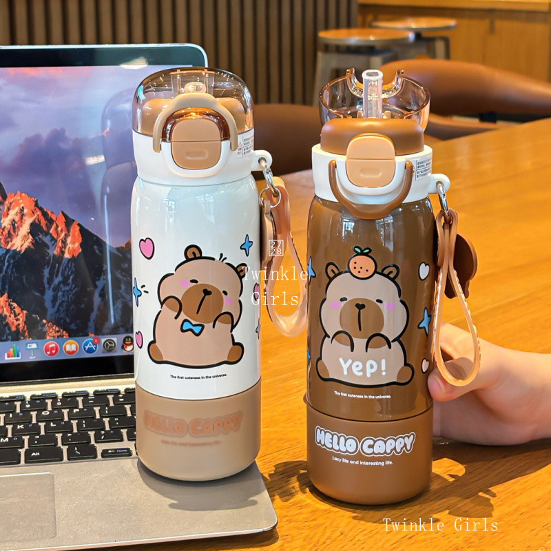 ของแท้ Capybara Kuromi Cinnamoroll 380ml ขวดน้ําสําหรับเด็กหญิง 316 สแตนเลส Leak-Proof Tumbler ร้อนและเย็นพร้อมฟาง My Melody สูญญากาศฉนวนถ้วยสาวของขวัญ
