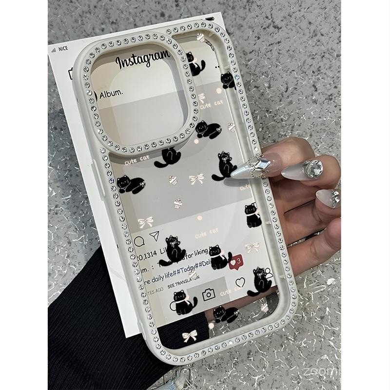 สําหรับiPhone 13 12 15 11 14 16 16PRO 13PRO 11PROMAX 15PROMAX 14PROMAX 13PLUSสีดําCat bow Anti-Fallเ