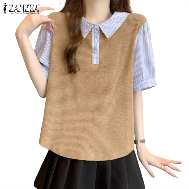 เสื้อเชิ้ตแขนสั้นลายเย็บปะต่อ ทรงหลวม สไตล์เกาหลี สําหรับผู้หญิง ZANZEA