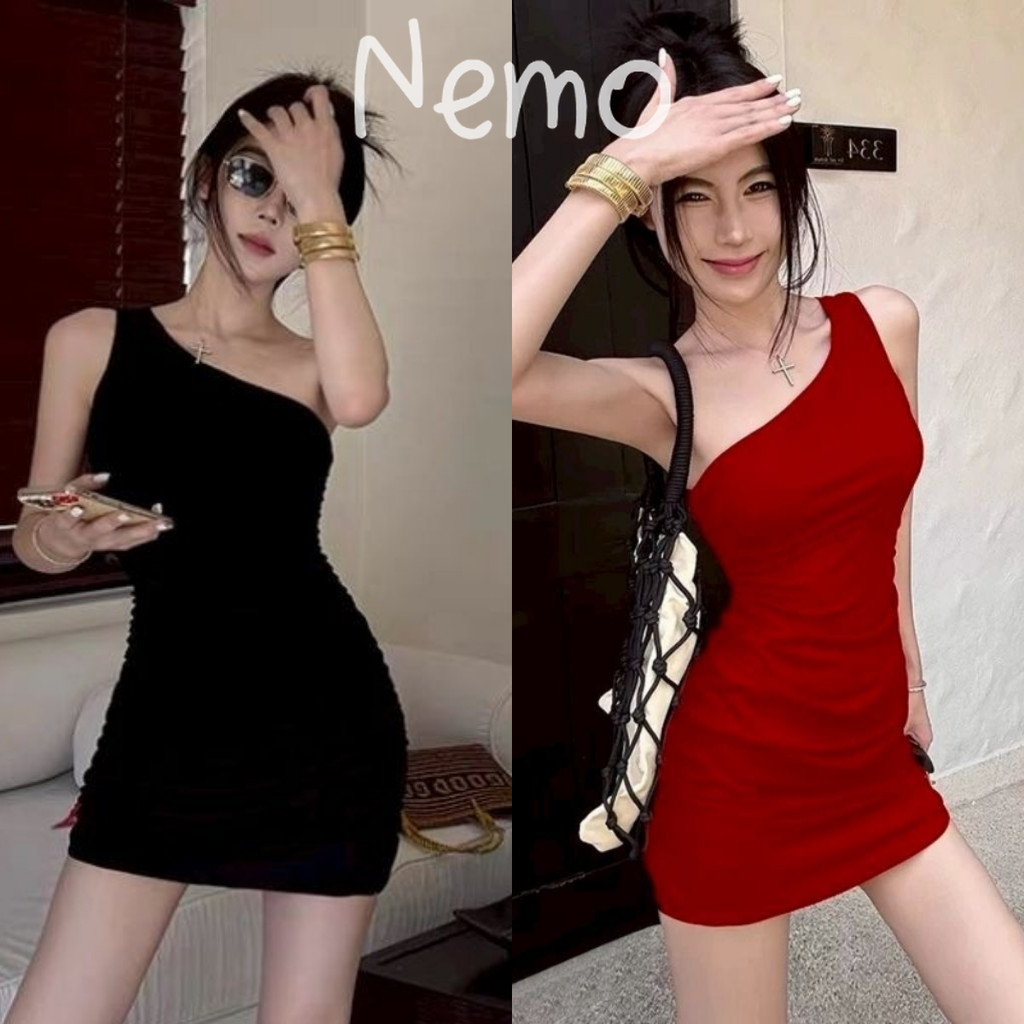 Nemo store🌸#W-R018 มินิเดรสผ้าไหมพรมโคเรีย ทรงรัดรูป ดีเทลสายข้างเดียว สีสดใส