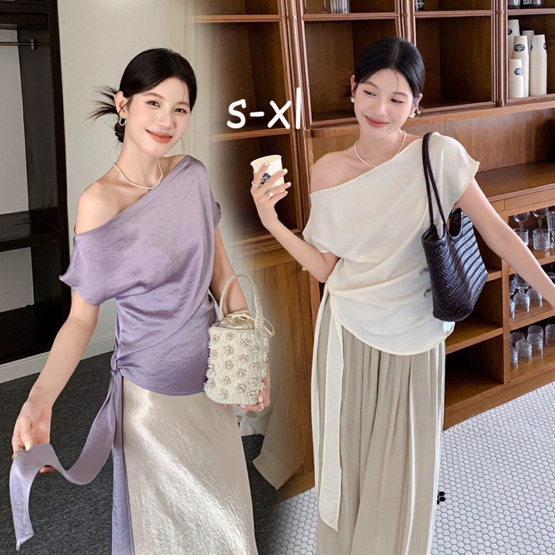 Dahong 💖 99168 เสื้อไหล่เฉียง เนื้อผ้าซาตินเรียบหรู ทรงสวย ผ้าดีใส่สบาย งานจริงสวยสง่าแฟชั่นเกาหลี