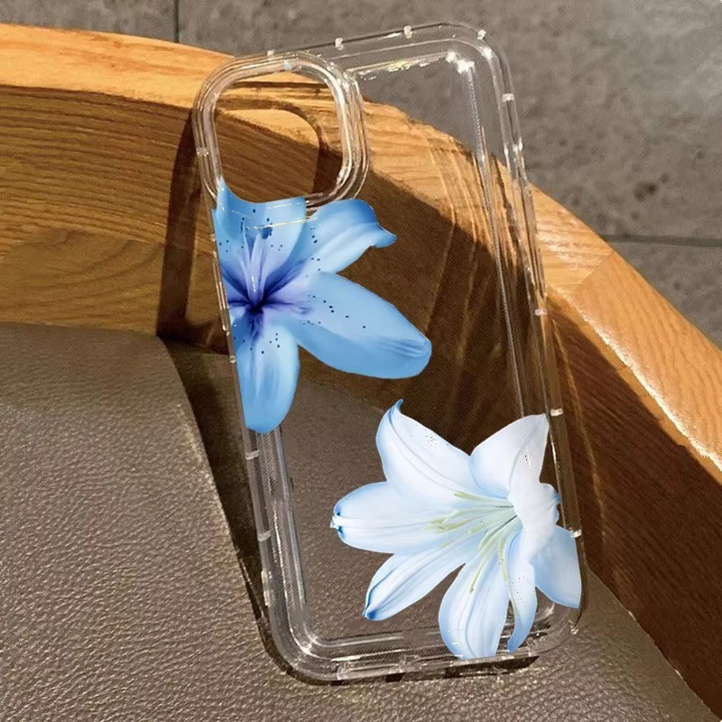 ปลอกสําหรับiPhone 16 15 14 17 13 12 11 Pro Max 16eสําหรับiPhone XS Max X XR 8 7 Plus SE2020 2022 ดอกไม้ฤดูร้อนBlue Lily Clearกันกระแทกปกอ่อน