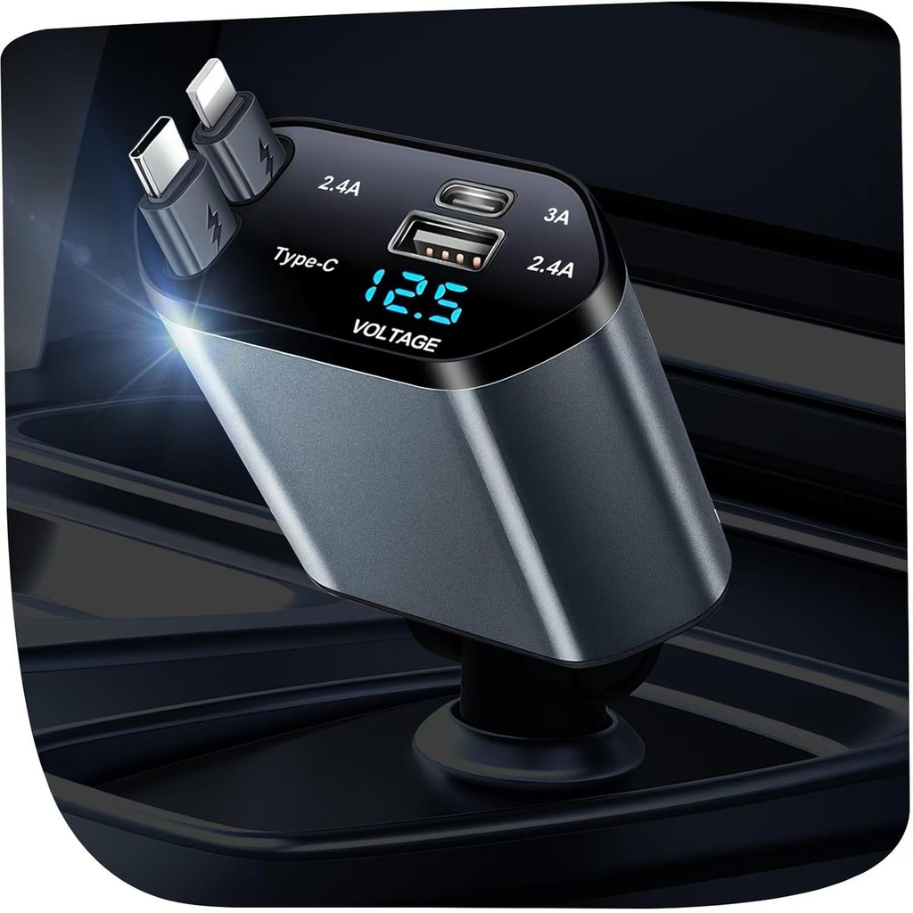 ที่ชาร์จในรถยนต์แบบยืดหดได้ 4 in 1 Car Fast Charger พร้อมสาย 31.5 นิ้ว USB C และ Lightning