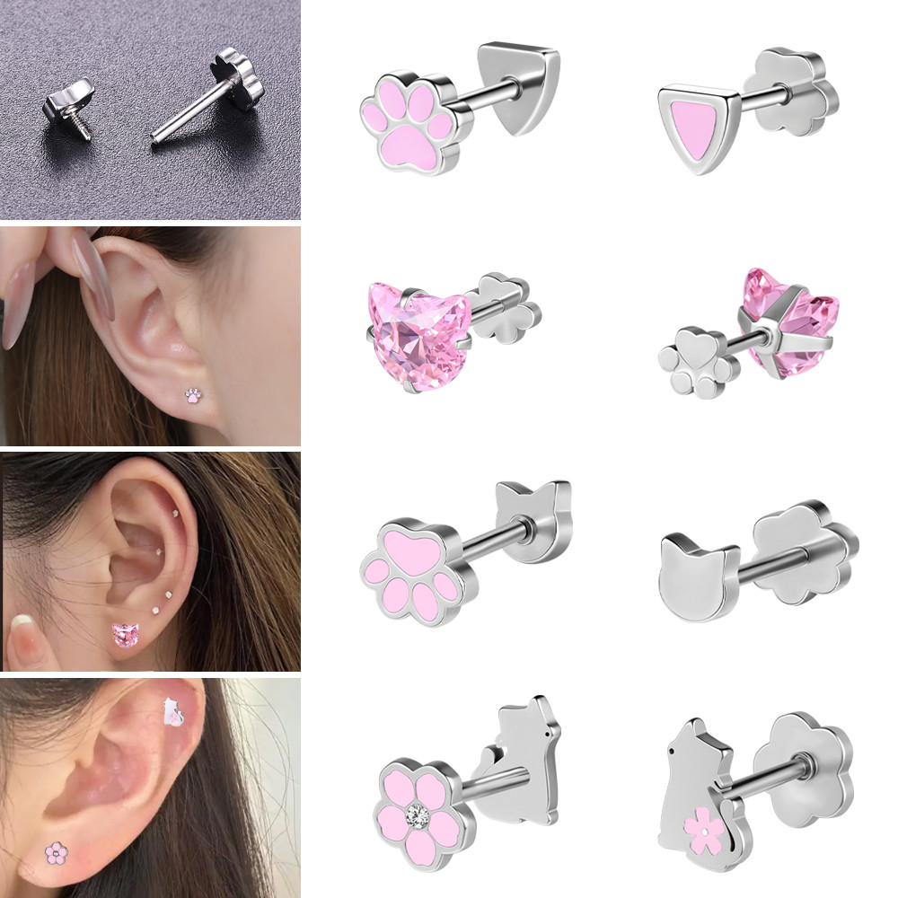 ต่างหูเจาะ สแตนเลส แบบดอกไม้และลายพุทของแมว ขนาด 6 มม./8 มม. สำหรับ Helix, Conch, กระดูกอ่อน, Daith